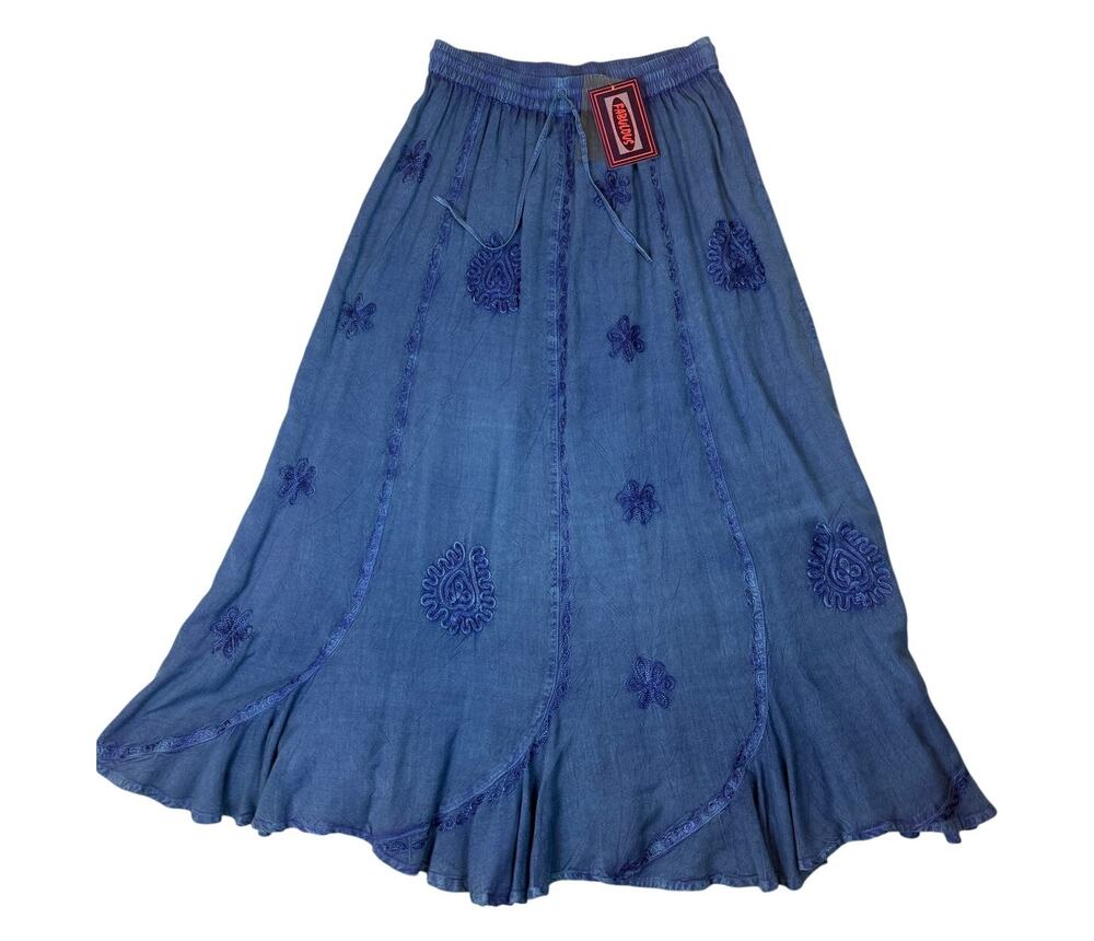NWT Fabulous Women Handkerchief Hem Skirt Free Size M L XL Blue Embroidered Boho